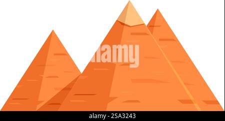 Colorata illustrazione a fumetti di antiche piramidi egizie con geroglifici in un minimalismo. Piatto. E stile decorativo. Rappresenta il patrimonio e la cultura dell'egitto. Illustrazione vettoriale stilizzata di tre piramidi di cartoni animati arancioni su sfondo bianco Illustrazione Vettoriale