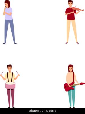 Le icone dei musicisti di strada impostano il vettore dei cartoni animati. Persone che suonano vari strumenti. Festa musicale. Le icone dei musicisti di strada impostano il vettore dei cartoni animati. Persone che suonano vari strumenti Illustrazione Vettoriale