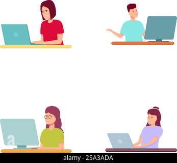 Illustrazioni di quattro giovani adulti impegnati in attività su PC desktop e notebook. Gruppo di giovani che usano i computer Illustrazione Vettoriale