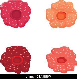 Vivace e giocosa collezione di fiori di cartoni animati con elementi floreali colorati e allegri per i bambini, illustrazioni artistiche e set di vettori botanici. Set di quattro graziosi fiori di cartoni animati in vari colori, perfetti per elementi di design Illustrazione Vettoriale