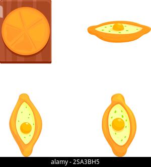 Quattro colorate illustrazioni vettoriali del tradizionale khachapuri georgiano in varie forme. Set di illustrazioni cartoni animati della cucina georgiana khachapuri Illustrazione Vettoriale