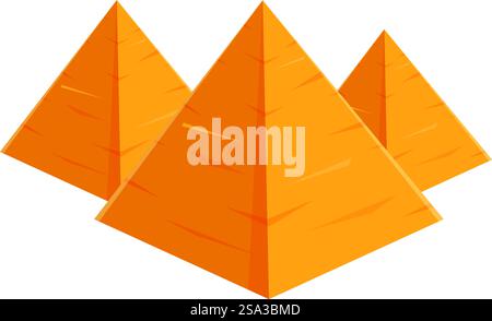 Illustrazione colorata a piramide dei cartoni animati in modo semplicistico. Moderno. E divertente design vettoriale 2D. Rappresenta l'antico simbolo egizio. Perfetto per la grafica didattica. Web. App. Logo. E temi del turismo. Vivace illustrazione vettoriale di tre piramidi in stile cartoni animati arancioni Illustrazione Vettoriale