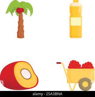 Collezione di colorate grafiche vettoriali con palme tropicali, bottiglia d'olio, mezza frutta di palma e carretto di frutta. Set di frutta tropicale e bibite vettoriali Illustrazione Vettoriale