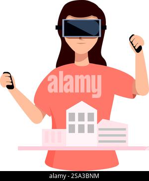 Una donna illustrata con un visore vr interattivamente si impegna con un modello di edificio 3D. Giovane donna che sperimenta l'architettura della realtà virtuale Illustrazione Vettoriale