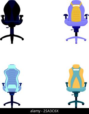 Quattro illustrazioni vettoriali colorate di sedie da ufficio ergonomiche vuote su sfondo bianco. Set di moderne sedie ergonomiche da ufficio Illustrazione Vettoriale