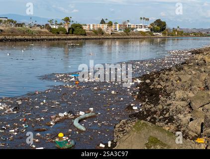 Los Angeles, California, Stati Uniti. 27 gennaio 2025. La cucciolata galleggiante si raccoglie su Ballona Creek, un canale aperto tra Venice Boulevard e Pickford Street e la sua confluenza alla Baia di Santa Monica a Los Angeles. Si sposterà verso la fine di Ballona Creek Trash Interceptor, un dispositivo di raccolta rifiuti completamente automatizzato, alimentato a energia solare, progettato per catturare plastica galleggiante, rifiuti e rifiuti prima di raggiungere l'oceano (Credit Image: © Jonathan Alcorn/ZUMA Press Wire) SOLO PER L'USO EDITORIALE! Non per USO commerciale! Foto Stock
