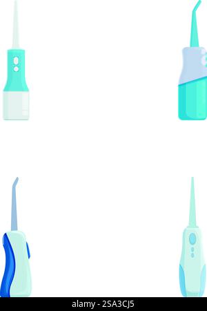 Raccolta di quattro diversi galleggianti d'acqua per l'igiene dentale isolati su bianco. Set di galleggianti per acqua su sfondo bianco Illustrazione Vettoriale