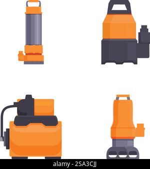 Raccolta di quattro icone vettoriali isolate che raffigurano diversi stili di aspirapolvere. Set di icone per aspirapolvere moderni Illustrazione Vettoriale