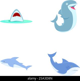Set di quattro illustrazioni di squali cartoni animati isolate sul bianco, tra cui pinna di squalo e diverse pose di squalo. Collezione di squali cartoni animati su sfondo bianco Illustrazione Vettoriale