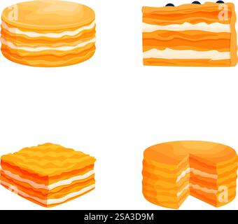 Illustrazione colorata di varie fette di torta, perfetta per gli elementi di design del menu dei dessert. Set di fette assortite di cartoni animati Illustrazione Vettoriale