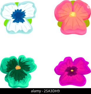 Set di quattro vivaci icone di fiori stilizzate isolate sul bianco, perfette per i design. Set di icone floreali dal design piatto e colorato Illustrazione Vettoriale
