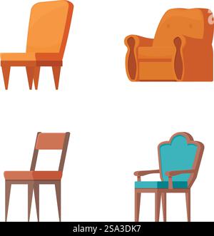 Collezione di colorate sedie a cartoni animati in diversi design, isolate su sfondo bianco. Set di quattro sedie in stile cartone animato Illustrazione Vettoriale