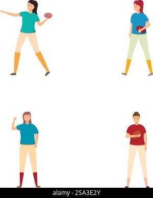 Illustrazioni vettoriali di quattro personaggi dei cartoni animati che giocano a football americano in posizioni diverse. Set di personaggi dei cartoni animati che giocano a football americano Illustrazione Vettoriale
