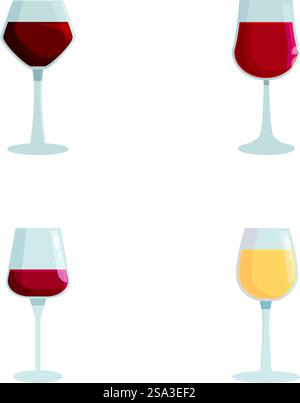 Collezione di quattro bicchieri da vino contenenti vini rossi e bianchi, raffigurati in stile vettoriale piatto. Set di bicchieri da vino con varie illustrazioni vettoriali Illustrazione Vettoriale