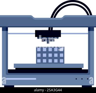 Illustrazione dal design piatto moderno dell'icona di una stampante 3d isolata su sfondo bianco con tecnologia di produzione additiva e concetto di dispositivo elettronico nella grafica vettoriale. Icona di una stampante 3d dal design moderno e piatto, isolata su uno sfondo semplice Illustrazione Vettoriale