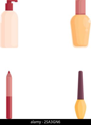 Set vettoriale di collezioni di cosmetici eleganti e dettagliate per l'industria della cura della pelle e del trucco con prodotti di bellezza, confezioni eleganti e illustrazioni di articoli per la cura del corpo personali su sfondo bianco isolato. Illustrazione vettoriale di cosmetici, lozione, smalto per unghie, rossetto e eyeliner Illustrazione Vettoriale