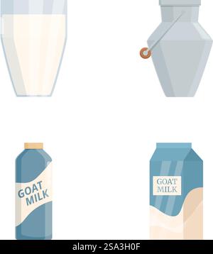 Set di quattro contenitori colorati per il latte di capra in diverse forme, isolati su sfondo bianco. Set illustrativo di vari contenitori per il latte di capra Illustrazione Vettoriale