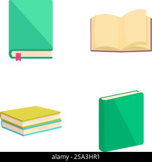 Set di quattro diverse illustrazioni di libri di cartoni animati, isolate su sfondo bianco. Collezione di libri di cartoni animati in vari stili Illustrazione Vettoriale
