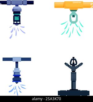 Collezione di quattro icone satellitari stilizzate in un design piatto, isolate su uno sfondo bianco. Set di disegni satellitari cartoon su sfondo bianco Illustrazione Vettoriale