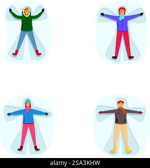 Set di quattro personaggi illustrati che indossano giacche e abbigliamento invernali colorati. Collezione di abbigliamento invernale quattro personaggi diversi Illustrazione Vettoriale