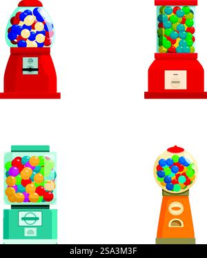 Set vettoriale di quattro macchine per gomma da bolla con gumballe colorate isolate su sfondo bianco. Collezione di macchine colorate per gomma da bolla Illustrazione Vettoriale