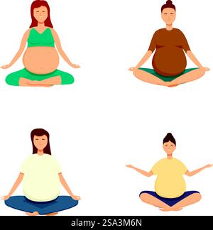 Illustrazione di madri calme in attesa in varie posizioni yoga che promuovono il benessere. Donne in gravidanza serene che praticano pose yoga prenatali Illustrazione Vettoriale