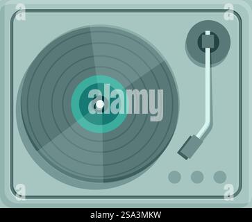 Moderna illustrazione vettoriale giradischi con attrezzature retrò, vintage e hifi per gli amanti della musica e opere d'arte dal design piatto dei dj isolate su sfondo bianco. Design piatto vettoriale di un giradischi grigio, che raffigura apparecchiature per la riproduzione di musica retrò Illustrazione Vettoriale