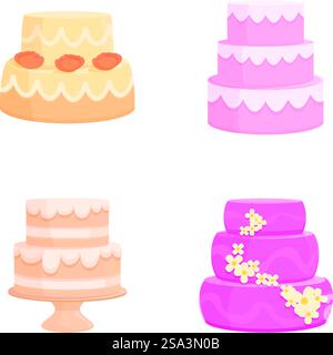 Set colorato di quattro illustrazioni vettoriali che raffigurano vari design di torte nuziali. Collezione di torte per matrimoni vettoriali assortite Illustrazione Vettoriale