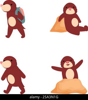 Le icone delle mole dei cartoni animati impostano il vettore dei cartoni animati. Carino personaggio della talpa. Animale divertente. Le icone delle mole dei cartoni animati impostano il vettore dei cartoni animati. Carino personaggio della talpa Illustrazione Vettoriale