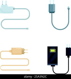 Raccolta di diversi tipi di cavi di alimentazione e caricabatterie per dispositivi elettronici su sfondo bianco. Set di vari cavi di alimentazione e caricabatterie Illustrazione Vettoriale