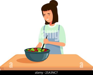 Illustrazione di una giovane donna sorridente che mescola un'insalata fresca in una ciotola su un bancone della cucina. Giovane donna che prepara l'insalata in cucina Illustrazione Vettoriale