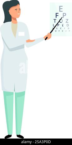 Illustrazione vettoriale di una donna sorridente in camice da laboratorio che indica un grafico di snellen, che rappresenta un esame oculare. Optometrista femminile che punta all'illustrazione del grafico a occhio Illustrazione Vettoriale