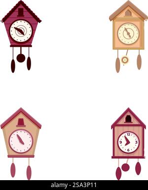 Collezione di orologi a cucù tradizionali in legno in vari design, isolati su sfondo bianco. Set di antichi orologi a cucù isolati su bianco Illustrazione Vettoriale