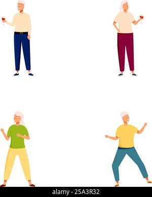 Collezione di uomini anziani diversi in varie illustrazioni di stile di vita felice e rilassato, che mostrano gli anni di pensionamento attivi e gioiosi. Una serie di quattro illustrazioni che illustrano uomini anziani che si godono la vita Illustrazione Vettoriale