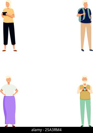 Collezione di quattro illustrazioni che mostrano personaggi anziani impegnati in diverse attività informali. Set di personaggi senior occasionali in varie pose Illustrazione Vettoriale