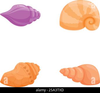 Vivace collezione di quattro illustrazioni di conchiglie in stile cartoni animati, isolate su sfondo bianco. Set di conchiglie colorate dei cartoni animati su sfondo bianco Illustrazione Vettoriale
