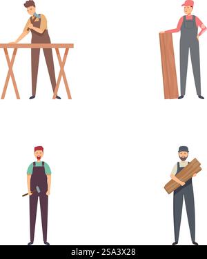 Collezione di quattro carpentieri maschi illustrati in varie pose con utensili e materiali per la lavorazione del legno. Set di carpentieri di cartoni animati con legno e utensili Illustrazione Vettoriale