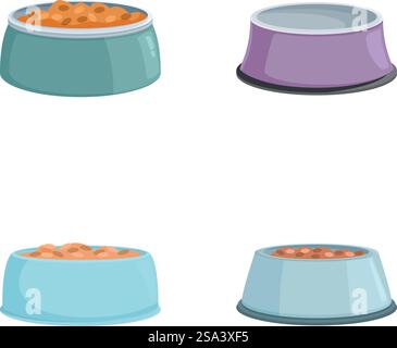 Quattro ciotole per animali, due vuote e due piene di cibo, isolate su sfondo bianco. Set di ciotole per animali vuote e piene Illustrazione Vettoriale