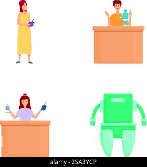 Set illustrativo con un team diversificato di professionisti e un robot, isolato sul bianco. Diversi gruppi di professionisti e robot Illustrazione Vettoriale
