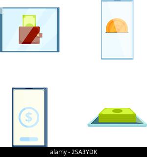 Varie icone monetarie moderne e minimaliste impostate per la finanza, il design piatto, la valuta e le transazioni online in grafica vettoriale e simboli, perfette per l'e-commerce e la gestione dell'economia senza contanti. Raccolta di quattro icone di design piatto che illustrano i concetti economici e finanziari Illustrazione Vettoriale