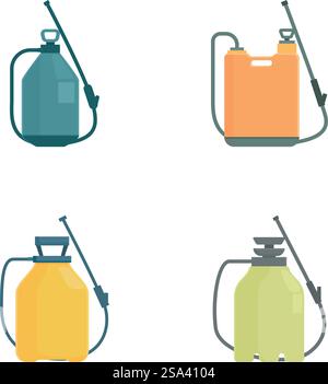 Raccolta di quattro icone vettoriali colorate che rappresentano diversi irroratori palmari di pesticidi o erbicidi. Set di icone di irroratrice di pesticidi vettoriali Illustrazione Vettoriale