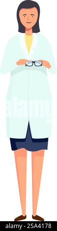 Giovane donna d'affari sicura di sé con un sorriso. Indossando occhiali in un moderno abbigliamento aziendale. Illustrazione vettoriale su uno sfondo bianco pulito. Illustrazione vettoriale di una donna d'affari con un cappotto blu che tiene gli occhiali Illustrazione Vettoriale