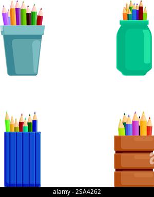 Raccolta di matite colorate in vari contenitori, una tazza, un vaso, un libro e una scatola di legno. Set di matite colorate in diversi supporti Illustrazione Vettoriale