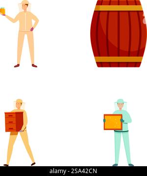 Illustrazioni dei dipendenti del birrificio che detengono birra, trasportano casse e presentano formaggio. Un gruppo di lavoratori del birrificio con birra, botte e casse Illustrazione Vettoriale