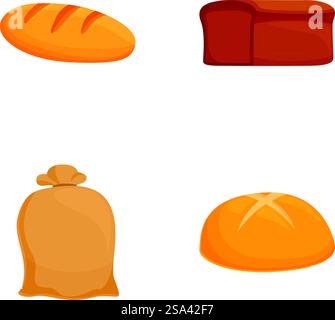 Varie icone della pasticceria con vari tipi di pane. Pan. Farina. E illustrazioni vettoriali baker Hat. Perfetto per alimenti. Pasticcini. E elementi grafici prodotti da forno. Incluso il carboidrato. E nutrizione. Icone vettoriali colorate di pane, pane, sacco di farina e cappello baker&rsquo Illustrazione Vettoriale