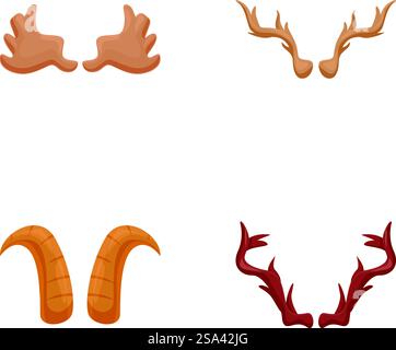 Set di illustrazioni a cartoni animati con quattro diversi stili di corna e corna animali. Set di varie icone di corna e corna animali Illustrazione Vettoriale