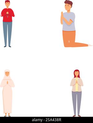Collezione di figure illustrate diverse in varie pose di preghiera, che rappresentano culture e fedi diverse. Diverse persone che pregano un set di illustrazioni Illustrazione Vettoriale
