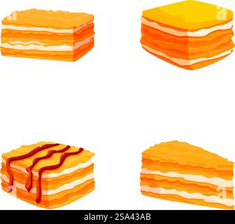 Vivace set di quattro illustrazioni di torta a strati in stile cartoni animati, perfetto per disegni a tema dessert. Collezione di torte a strati di cartoni animati assortiti Illustrazione Vettoriale