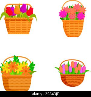 Collezione di quattro cesti di fiori illustrati luminosi e allegri, perfetti per temi primaverili e giardinaggio. Set di illustrazioni colorate di cesti di fiori Illustrazione Vettoriale