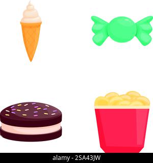 Collezione di icone piatte colorate raffiguranti vari spuntini e dolci. Set di icone assortite di snack e dessert Illustrazione Vettoriale